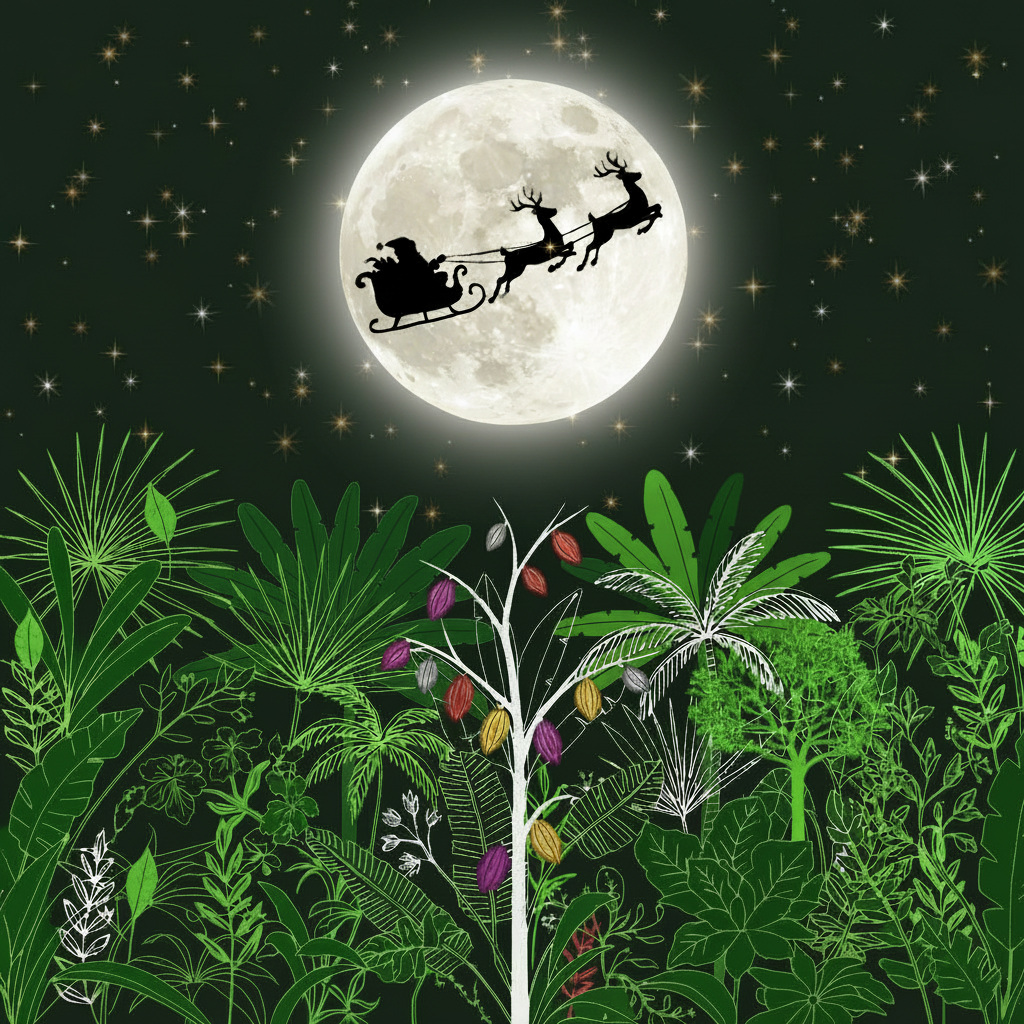 Santa Claus in a sleigh flying over a tropical jungle